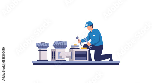 A skilled technician kneeling and working on an air conditioning system with various components, holding a wrench to ensure optimal performance and efficient...