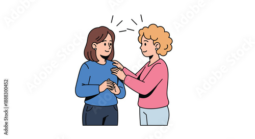 A comforting gesture between two women, one placing a hand on the other's shoulder to offer support and reassurance in a moment of empathy.