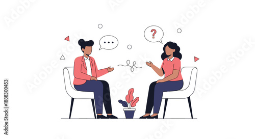 Two people sitting opposite each other in a conversation, one with a question mark, suggesting a discussion, consultation, or problem-solving session.