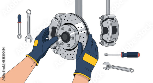 Close-up of gloved hands holding a car brake disc and caliper, surrounded by tools, indicating car repair and automotive maintenance.