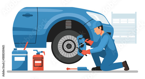 Mechanic in uniform servicing a car's brake system on a lifted vehicle with various tools and fluids nearby, illustrating auto repair.