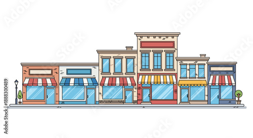 Variety of storefronts along a street, featuring different architectural styles, awnings, and windows, representing a vibrant commercial district.