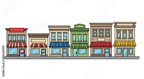 Row of diverse small retail storefronts with colorful awnings and signs, depicting a charming street scene for business and commercial use.