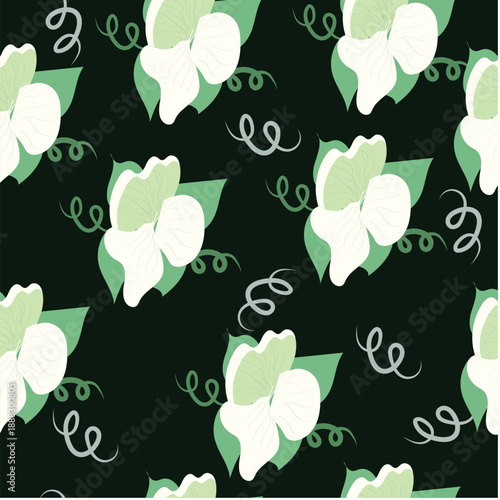Seamless hand-drawn pattern with pea flowers and vines on a dark background. Modern flat botanical illustration. Suitable for textiles, wallpapers, packaging and surface design.
