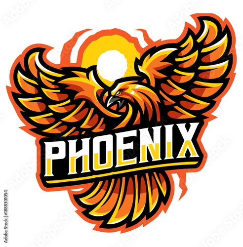 Phoenix Logo Illustration: A vibrant illustration showcasing the majestic Phoenix bird with fiery wings soaring against a background, symbolizing rebirth, resilience, and transformation. 