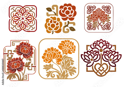 Set of traditional Asian floral vector patterns with geometric lattice and knot designs (Peony and lotus decoration) (기하학적 격자와 매듭 디자인이 있는 전통 아시아 꽃 벡터 패턴 세트 - 모란과 연꽃 장식)