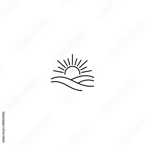 Single line Rising Sun over Hills icon flat vector design.