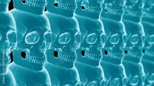 Rows of holographic blue skulls background. Abstract sci-fi or spooky texture.