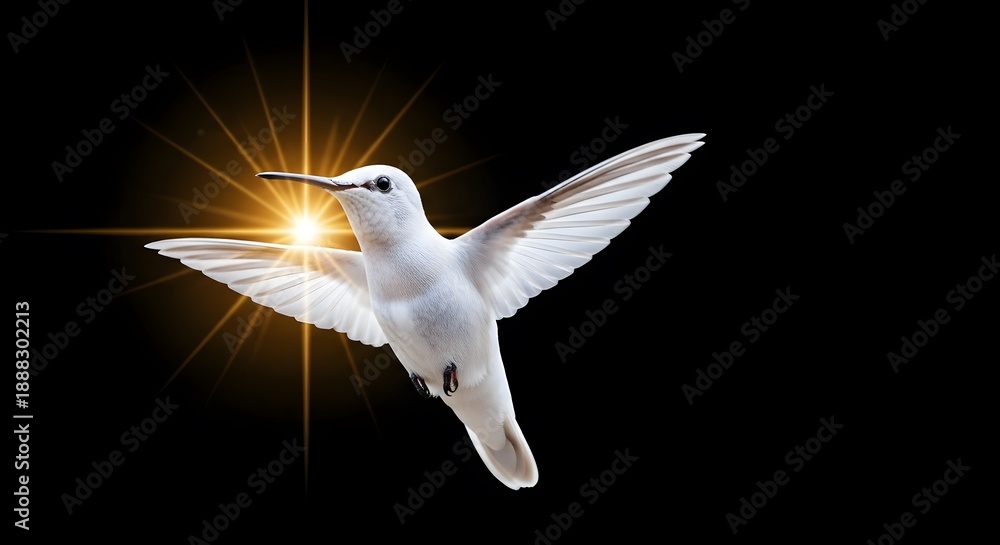 Fototapeta premium A brilliant white hummingbird with spread wings glows against a stark black background