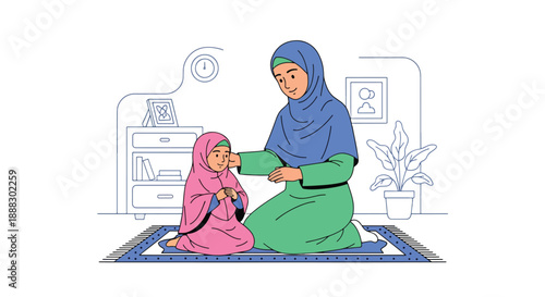 Vector illustration of a Muslim mother teaching her daughter how to pray at home, showing spiritual guidance, family bonding, and Islamic lifestyle in a clean flat vector style