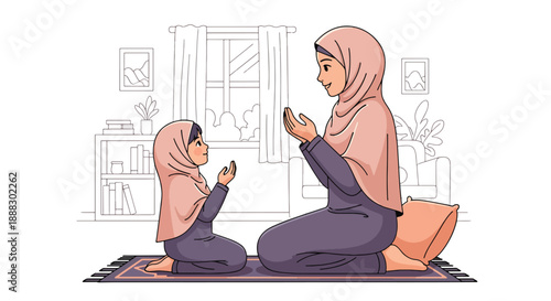 Vector illustration of a Muslim mother teaching her daughter how to pray at home, showing spiritual guidance, family bonding, and Islamic lifestyle in a clean flat vector style