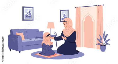 Vector illustration of a Muslim mother teaching her daughter how to pray at home, showing spiritual guidance, family bonding, and Islamic lifestyle in a clean flat vector style