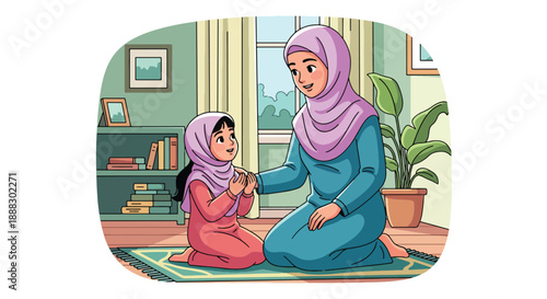Vector illustration of a Muslim mother teaching her daughter how to pray at home, showing spiritual guidance, family bonding, and Islamic lifestyle in a clean flat vector style