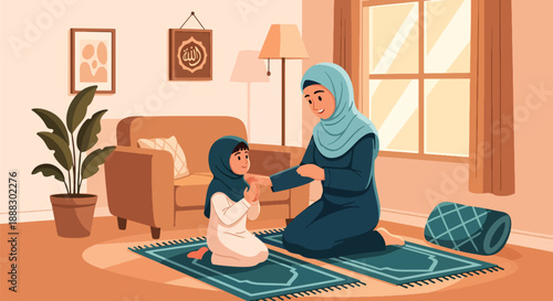 Vector illustration of a Muslim mother teaching her daughter how to pray at home, showing spiritual guidance, family bonding, and Islamic lifestyle in a clean flat vector style