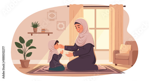 Vector illustration of a Muslim mother teaching her daughter how to pray at home, showing spiritual guidance, family bonding, and Islamic lifestyle in a clean flat vector style