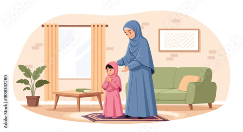 Vector illustration of a Muslim mother teaching her daughter how to pray at home, showing spiritual guidance, family bonding, and Islamic lifestyle in a clean flat vector style