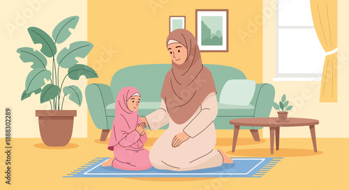 Vector illustration of a Muslim mother teaching her daughter how to pray at home, showing spiritual guidance, family bonding, and Islamic lifestyle in a clean flat vector style