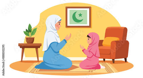 Vector illustration of a Muslim mother teaching her daughter how to pray at home, showing spiritual guidance, family bonding, and Islamic lifestyle in a clean flat vector style