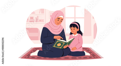 Vector illustration of a Muslim mother and daughter reading the Quran together, expressing peaceful learning, spiritual connection, and family devotion in flat vector style