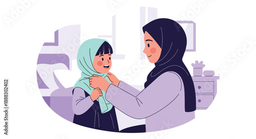 Vector illustration of a Muslim mother helping her daughter wear hijab, showing care, modesty, and cultural values in a warm family moment in flat vector style