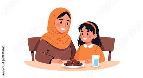 Vector illustration of a Muslim mother and daughter breaking fast together during Ramadan, showing gratitude, togetherness, and spiritual family tradition in flat vector style