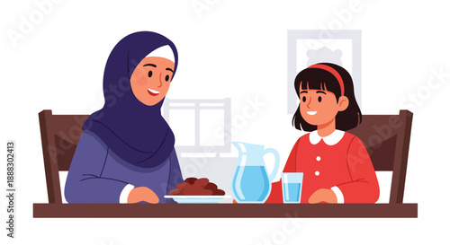 Vector illustration of a Muslim mother and daughter breaking fast together during Ramadan, showing gratitude, togetherness, and spiritual family tradition in flat vector style