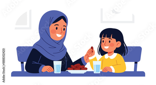 Vector illustration of a Muslim mother and daughter breaking fast together during Ramadan, showing gratitude, togetherness, and spiritual family tradition in flat vector style