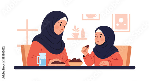 Vector illustration of a Muslim mother and daughter breaking fast together during Ramadan, showing gratitude, togetherness, and spiritual family tradition in flat vector style