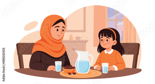 Vector illustration of a Muslim mother and daughter breaking fast together during Ramadan, showing gratitude, togetherness, and spiritual family tradition in flat vector style