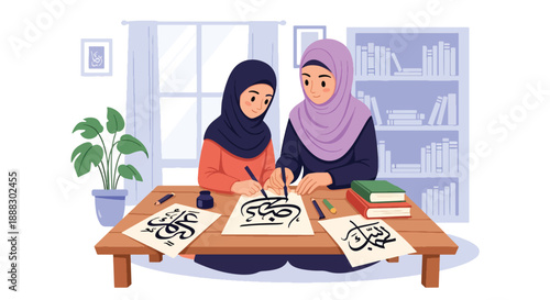 Vector illustration of a Muslim mother teaching her daughter Islamic calligraphy, promoting cultural education, creativity, and faith-based learning in flat vector style
