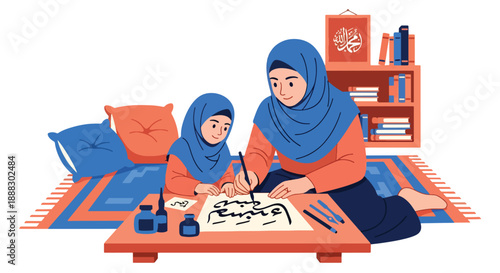Vector illustration of a Muslim mother teaching her daughter Islamic calligraphy, promoting cultural education, creativity, and faith-based learning in flat vector style