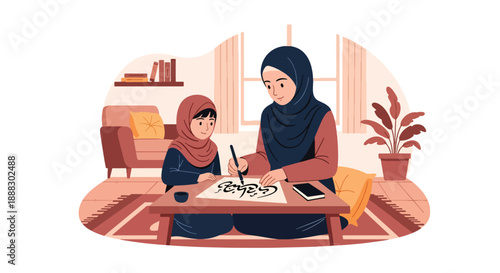 Vector illustration of a Muslim mother teaching her daughter Islamic calligraphy, promoting cultural education, creativity, and faith-based learning in flat vector style