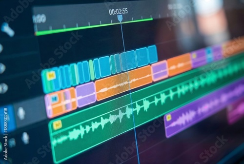 Close-up of colorful timeline editing software interface display.