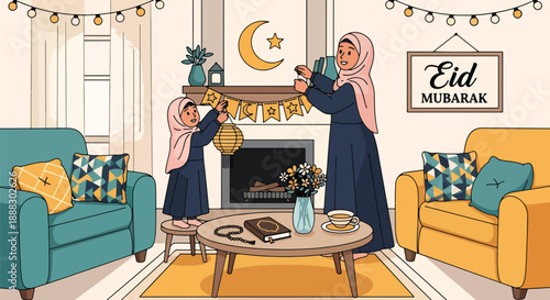 Vector illustration of a Muslim mother and daughter decorating their home for Eid, expressing joy, celebration, and cultural tradition in flat vector style