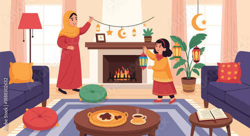 Vector illustration of a Muslim mother and daughter decorating their home for Eid, expressing joy, celebration, and cultural tradition in flat vector style