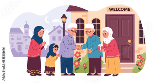 Vector illustration of a Muslim mother and daughter visiting relatives during Eid, showing family connection, respect, and joyful cultural celebration in flat vector style