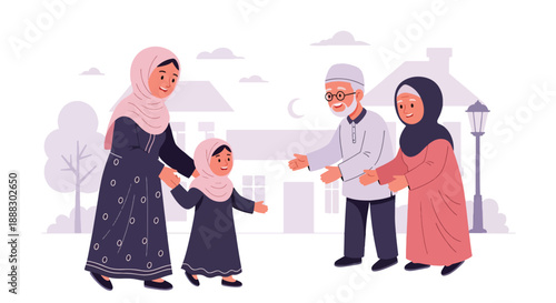 Vector illustration of a Muslim mother and daughter visiting relatives during Eid, showing family connection, respect, and joyful cultural celebration in flat vector style