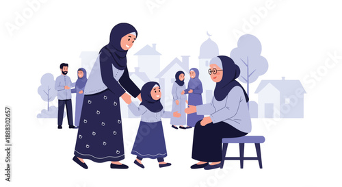 Vector illustration of a Muslim mother and daughter visiting relatives during Eid, showing family connection, respect, and joyful cultural celebration in flat vector style