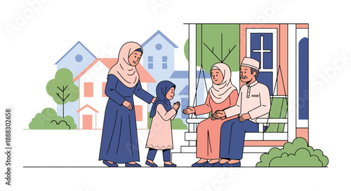 Vector illustration of a Muslim mother and daughter visiting relatives during Eid, showing family connection, respect, and joyful cultural celebration in flat vector style