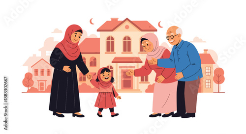 Vector illustration of a Muslim mother and daughter visiting relatives during Eid, showing family connection, respect, and joyful cultural celebration in flat vector style