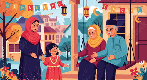 Vector illustration of a Muslim mother and daughter visiting relatives during Eid, showing family connection, respect, and joyful cultural celebration in flat vector style