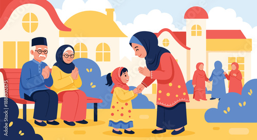 Vector illustration of a Muslim mother and daughter visiting relatives during Eid, showing family connection, respect, and joyful cultural celebration in flat vector style