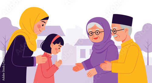 Vector illustration of a Muslim mother and daughter visiting relatives during Eid, showing family connection, respect, and joyful cultural celebration in flat vector style