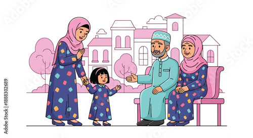 Vector illustration of a Muslim mother and daughter visiting relatives during Eid, showing family connection, respect, and joyful cultural celebration in flat vector style
