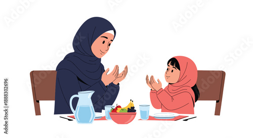 Vector illustration of a Muslim mother teaching her daughter to be thankful before meals, promoting gratitude and faith-based family values in flat vector style