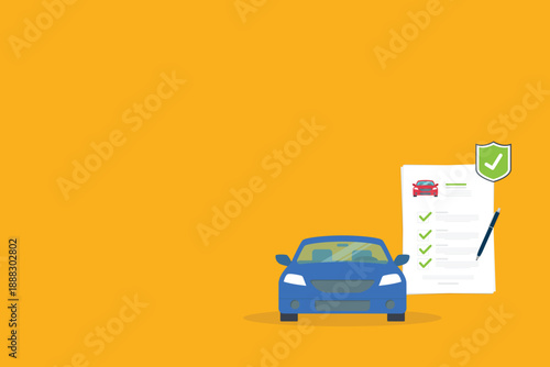 Car insurance document, report. Paper agreement checklist or loan checkmarks form list approved with automobile icon, vehicle financial, car dealership legal deal.