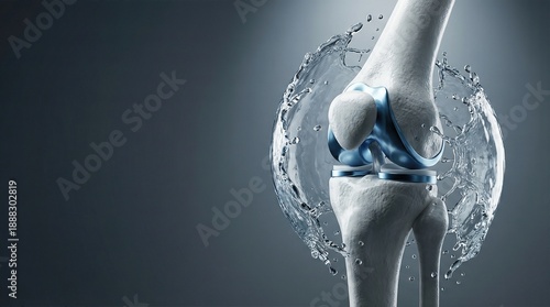 Human knee joint with blue cartilage and water splash on grey background