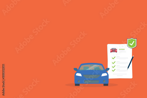 Car insurance document, report. Paper agreement checklist or loan checkmarks form list approved with automobile icon, vehicle financial, car dealership legal deal.