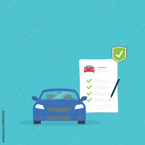 Car insurance document, report. Paper agreement checklist or loan checkmarks form list approved with automobile icon, vehicle financial, car dealership legal deal.