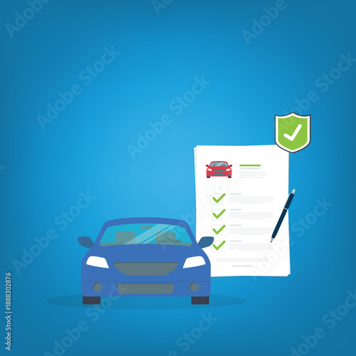 Car insurance document, report. Paper agreement checklist or loan checkmarks form list approved with automobile icon, vehicle financial, car dealership legal deal.
